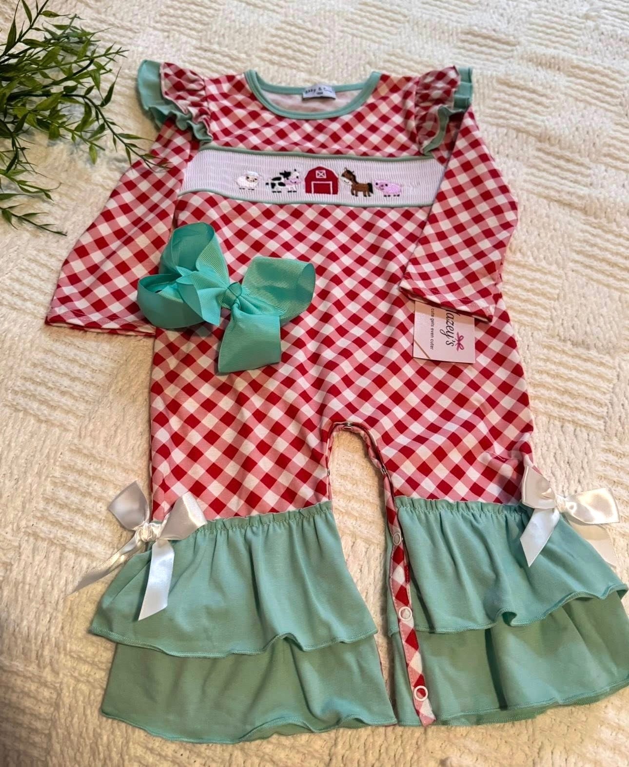 Red Checked, Green Ruffle Pant Onesie