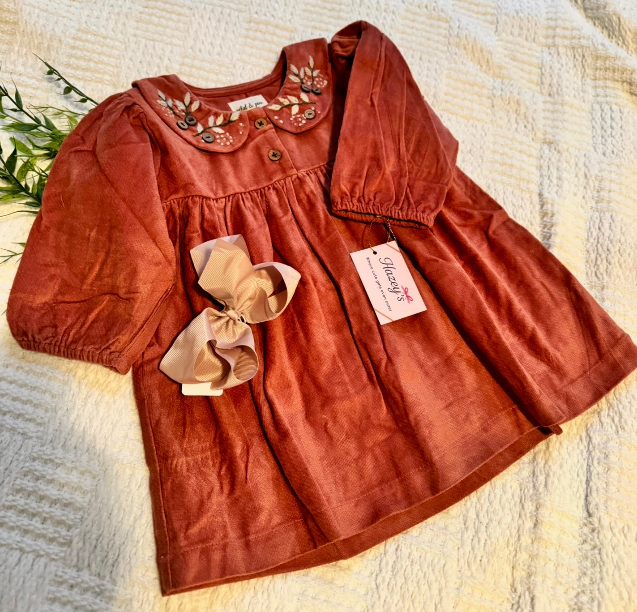 Rust Floral Embroidered Velveteen Dress